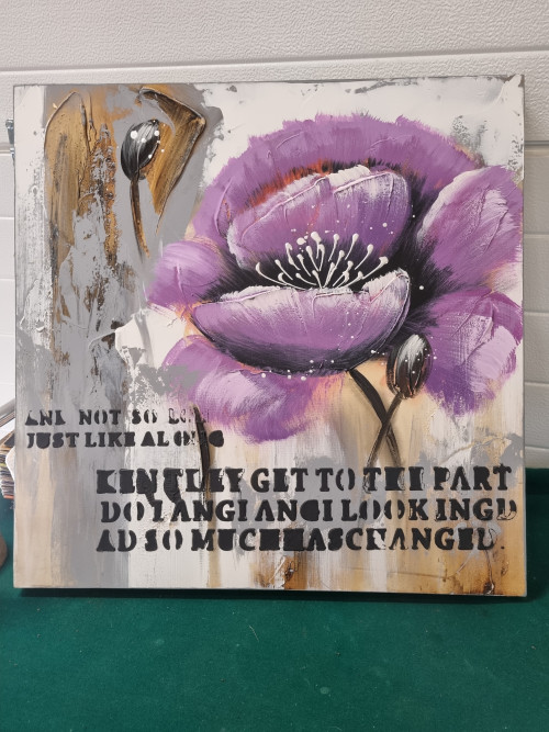 Schilderij bloem paars met tekst op canvas